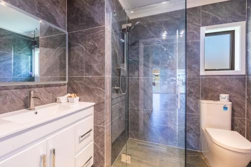a bathroom with a shower and a toilet and a sink at Lavana Motel in Hastings