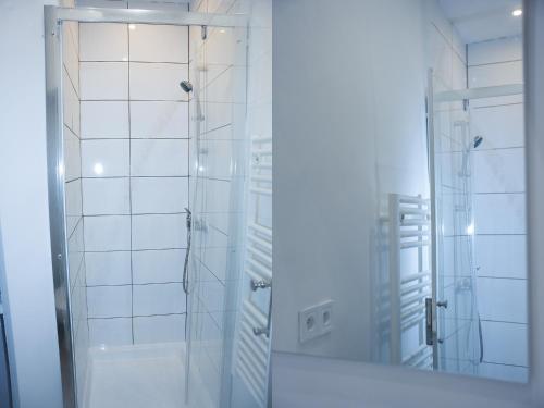 a white bathroom with a shower with a glass door at Appartement en plein centre de Nîmes in Nîmes