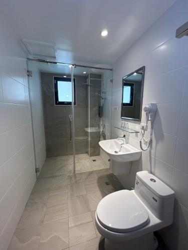 a bathroom with a shower and a toilet and a sink at Guoxiang B&B in Taitung City