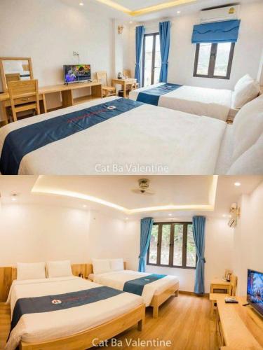 a bedroom with two beds and a tv in it at Cat Ba Valentine in Cat Ba