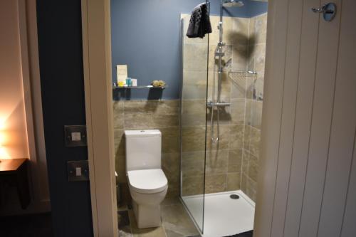 a bathroom with a toilet and a glass shower at Round Tower Hotel in Ardmore