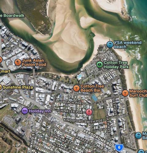 a map of a beach with buildings on it at HEART OF Cotton Tree, Maroochydore BEACH & RIVER in Maroochydore