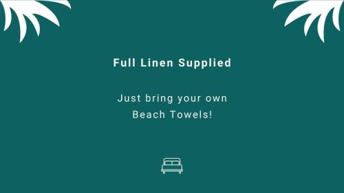 a blue background with palm trees and the text full linear supplied just bring your own at At Blueys in Blueys Beach