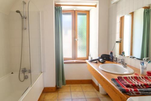 a bathroom with a sink and a shower at Le clos fleuri 4 personnes du couvent in Saint-Georges-de-Lévéjac