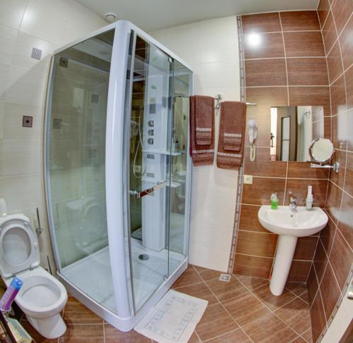 y baño con ducha, aseo y lavamanos. en Zvezda Guest House, en Saratov