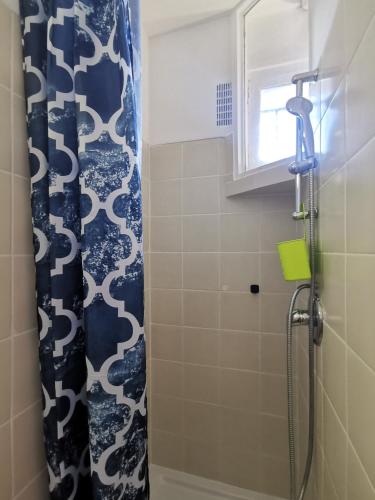 La salle de bains est pourvue d'une douche avec un rideau de douche bleu et blanc. dans l'établissement Bright loft in Montmartre, à Paris