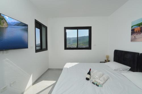 a bedroom with a white bed with two windows at לוי-קיישן מגוון דירות גן ופנטהאוזים וסוויטות נוף ברחוב הצנחנים in Tiberias