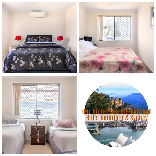 a collage of pictures of a bedroom with a bed at Cheerful 13 Bedrooms With Free Parking in Penrith