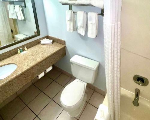 a bathroom with a toilet and a sink and a shower at Suburban Studios East Syracuse Carrier Circle in East Syracuse
