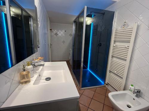 a white bathroom with a shower and a sink at Il cavalluccio in Anzio