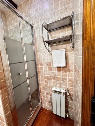 a shower with a glass door in a bathroom at Casas Rurales Carrizosa in Navaconcejo
