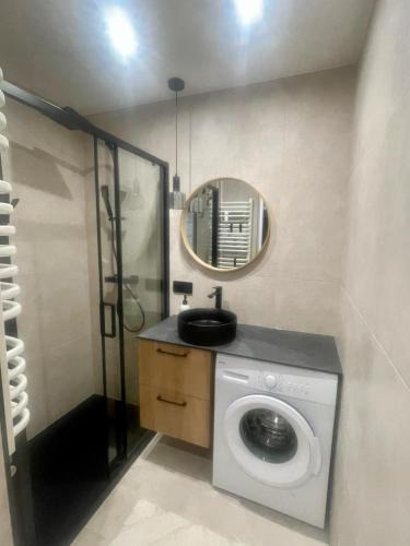 a washing machine in a bathroom with a mirror at Apartament Cichy in Tarnów