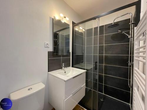 une salle de bain avec toilettes, lavabo et douche dans l'établissement Le Duplex Niortais by CozyLife - Calme et Cosy, à Niort