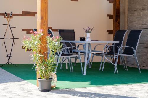 a table and chairs on a patio with green flooring at Rodinné Ubytování Meli-EL in Pasohlávky