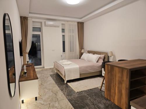 a bedroom with a bed and a desk and a television at Slavija Residence Apartments in Belgrade
