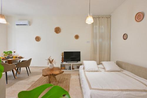 un salon avec un canapé et une télévision dans l'établissement La Nîmoise Appart Elégant , Clim MaisonCarréeConciergerie, à Nîmes