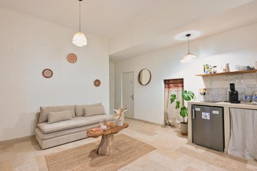 un salon avec un canapé et une table dans l'établissement La Nîmoise Appart Elégant , Clim MaisonCarréeConciergerie, à Nîmes