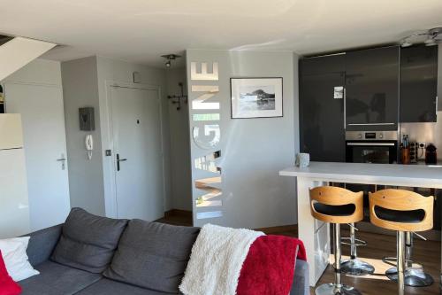 Il comprend un salon avec un canapé gris et une cuisine. dans l'établissement Appartement 244 - Appartement en duplex contemporain et confortable proche, à Annecy