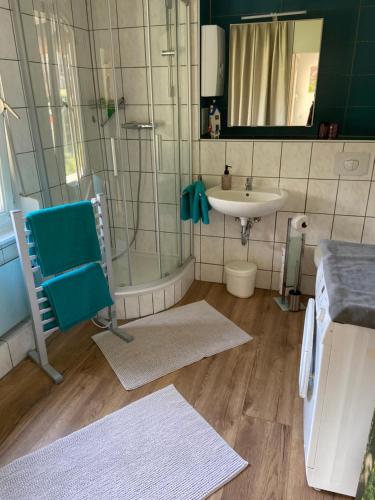 Bilik mandi di Ferienhaus Erfurt-gemütlich-sonnig-Küche-Bad-Garten-Parken-Pool-Sauna-WLAN-CaroGrün