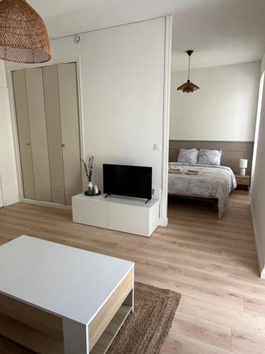 une chambre avec un lit et une télévision dans l'établissement Grand studio cosy - A deux pas de la gare, à Agen