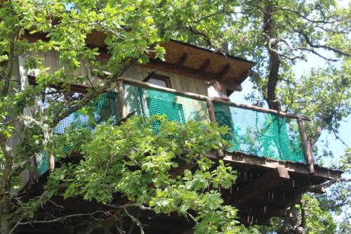 a tree house with a person sitting in it at Cabañas en los Árboles de Extremadura in Villasbuenas de Gata
