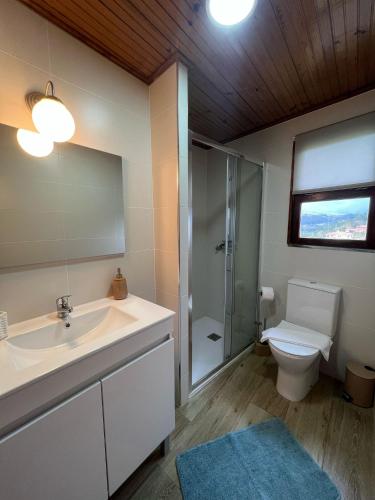 a bathroom with a sink and a toilet and a mirror at Casa do Cascalho in Ribeira de Pena