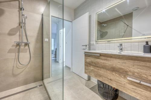 une salle de bain avec un lavabo et une douche dans l'établissement Fleur d'Oranger - Climatisée, à proximité des plages, à La Ciotat