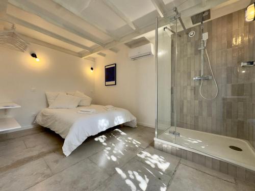 une chambre avec un lit et une douche en verre dans l'établissement LOFT - 10 min du centre ville - Terrasse - Parking, à Montpellier