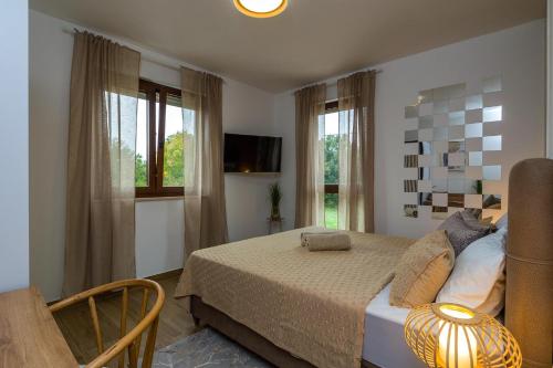 een slaapkamer met een bed, een tv en ramen bij Villa Lo La by Istrialux in Svetvinčenat