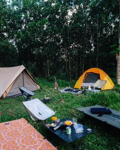 a tent and a picnic table in the grass next to a field at Goin Out Camping Tam Kỳ in Phường Hòa (1)