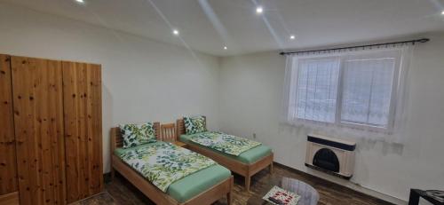 a small room with two beds and a window at Green House in Kolárovo