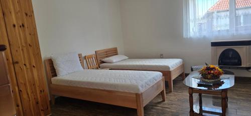 a room with two beds and a table with a fireplace at Green House in Kolárovo
