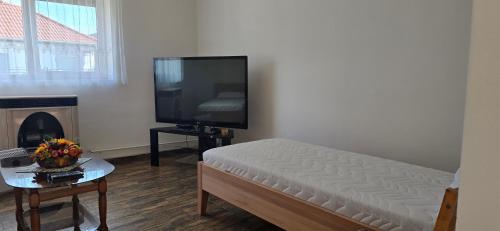 a living room with a flat screen tv and a bed at Green House in Kolárovo