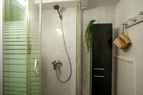 une douche avec une porte vitrée dans une salle de bain dans l'établissement Les pieds dans le sable, au Barcarès