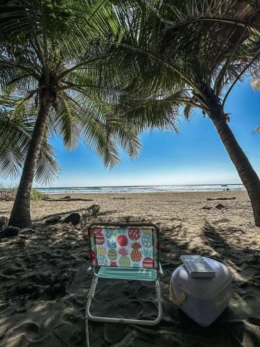 a chair sitting on the beach under two palm trees at Adults Only - Dreamers Refuge in Parrita