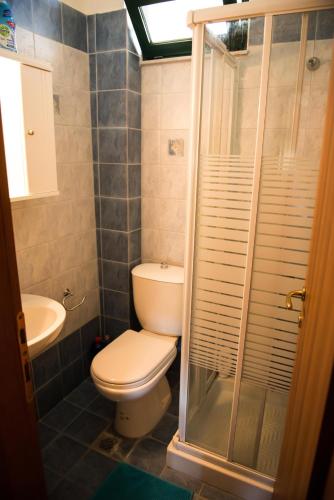 a bathroom with a toilet and a shower at Maisonette with sea and mountain view !!! in Kriopigi