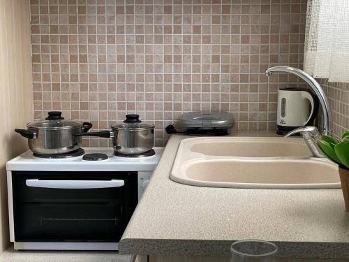a kitchen with two pots on top of a stove at BLE, Oneiropagida, Aegina in Vathí
