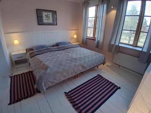 a bedroom with a bed and two windows at Villa Lilly, near Vimmerby in Vimmerby