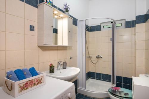 Un baño con ducha, inodoro y lavabo. en Olive Grove Villas - Villa Irini, en Chorafakia
