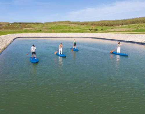 three people paddling on paddle boards in the water at Santa Cruz - Movement & Nature House in Santa Cruz