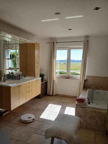 a large bathroom with a tub and a sink at Appartement entier LEA avec petit déjeuner in Hilsprich