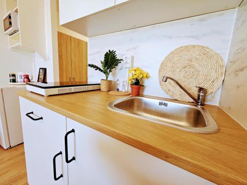 eine Küchentheke mit Spüle in der Küche in der Unterkunft LIVE-INN PRAGUE DELUXE SUITE FOR 1-4 GUESTS, 20 Mins to center, Lift, Gym, Reception, Parking, Roof Terrace, Game & Party in Prag