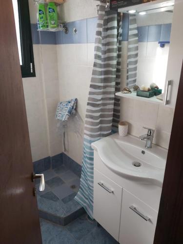 a bathroom with a sink and a shower curtain at Villa Velika GR in Velika