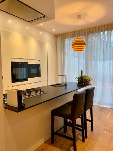 a kitchen with a island with a stove and a sink at Completely renovated apartment in Antwerp