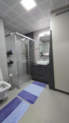 un bagno con doccia, WC e lavandino di The Luxe Premier Suite a Skopje
