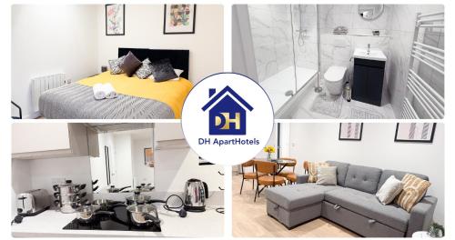 a collage of three pictures of a bedroom and a living room at Spacious Modern 1 Bed Apartments in St Neots - Perfect for Contractors & Professionals - Free Parking - WiFi - Fully Equipped Kitchen - Smart TV Ideal for Work Stays and Long Projects in Saint Neots