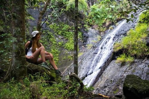 a woman sitting on a rock in front of a waterfall at Taman Sari Bali Resort and Spa in Pemuteran