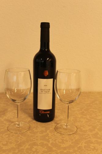 a bottle of wine and two wine glasses on a table at Ruhiges, schönes Studio in Zuchwil in Zuchwil