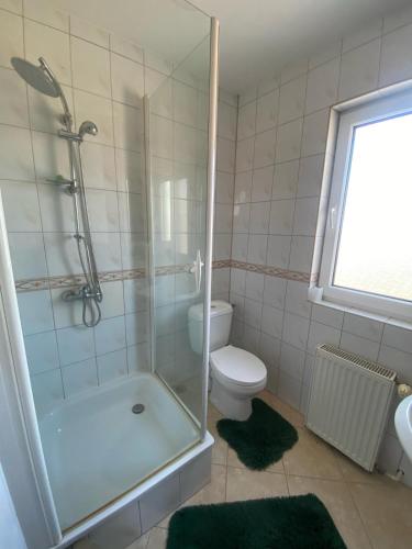 a bathroom with a glass shower and a toilet at Ostoja Konarzewo in Pogorzelica