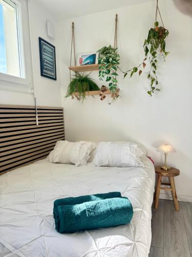un lit blanc avec un oreiller bleu dessus dans l'établissement La Gravière, Cozy Studio Wifi & Parking 20M Océan Surf Plage, à Soorts-Hossegor